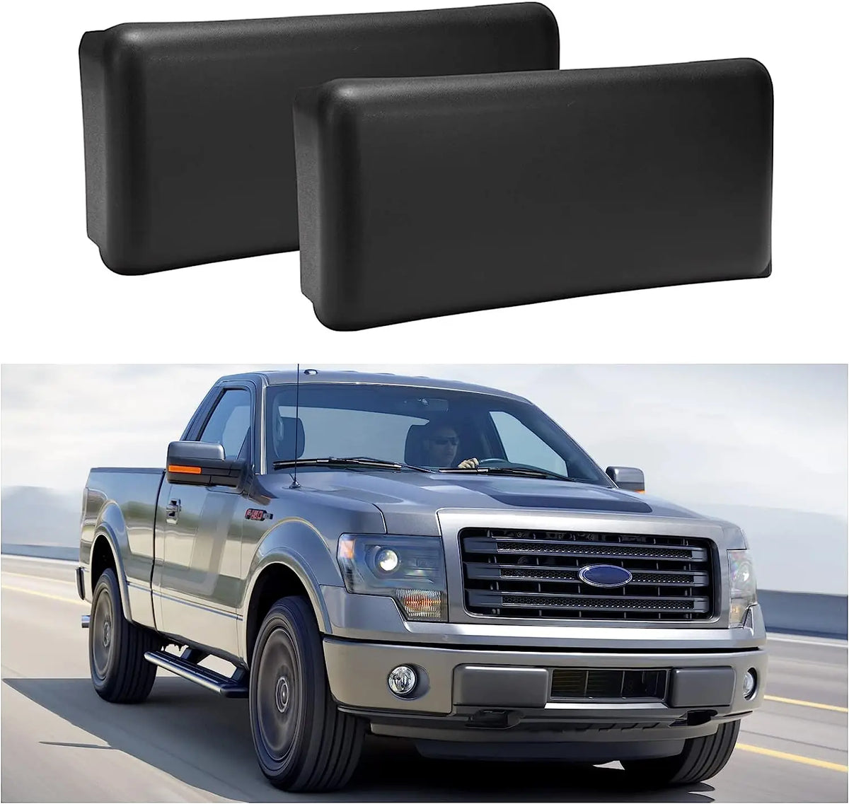 A heavy duty front bumper guard and license plate kit for a Ford F150 is shown alongside its black mounting brackets.