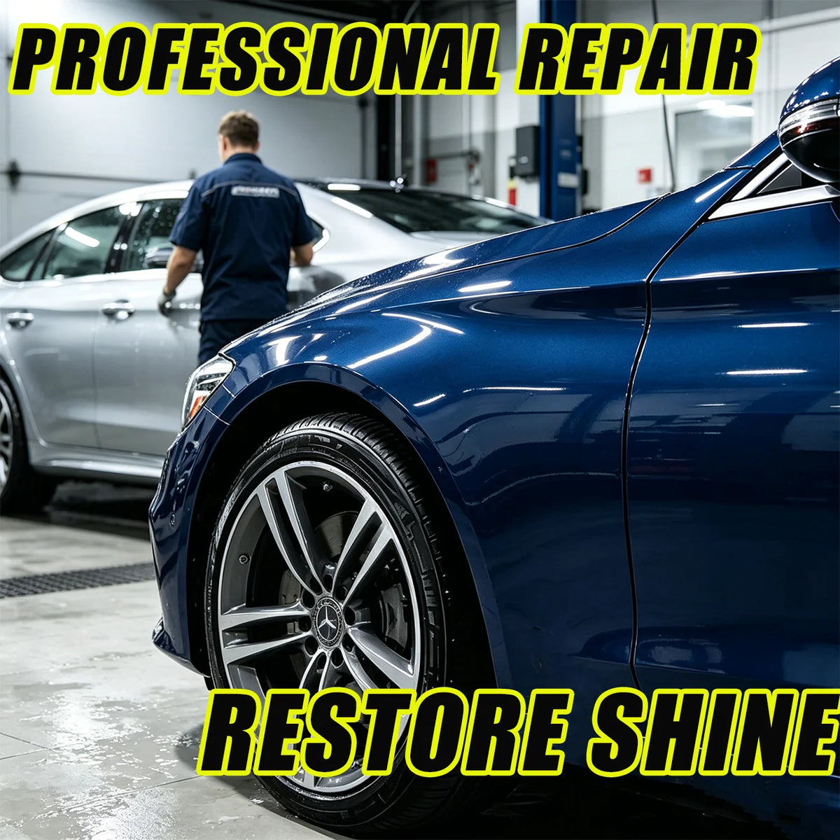 Nahaufnahme eines glänzenden blauen Autos, dessen Rad professionelle Reparatur und Glanzwiederherstellung zeigt.