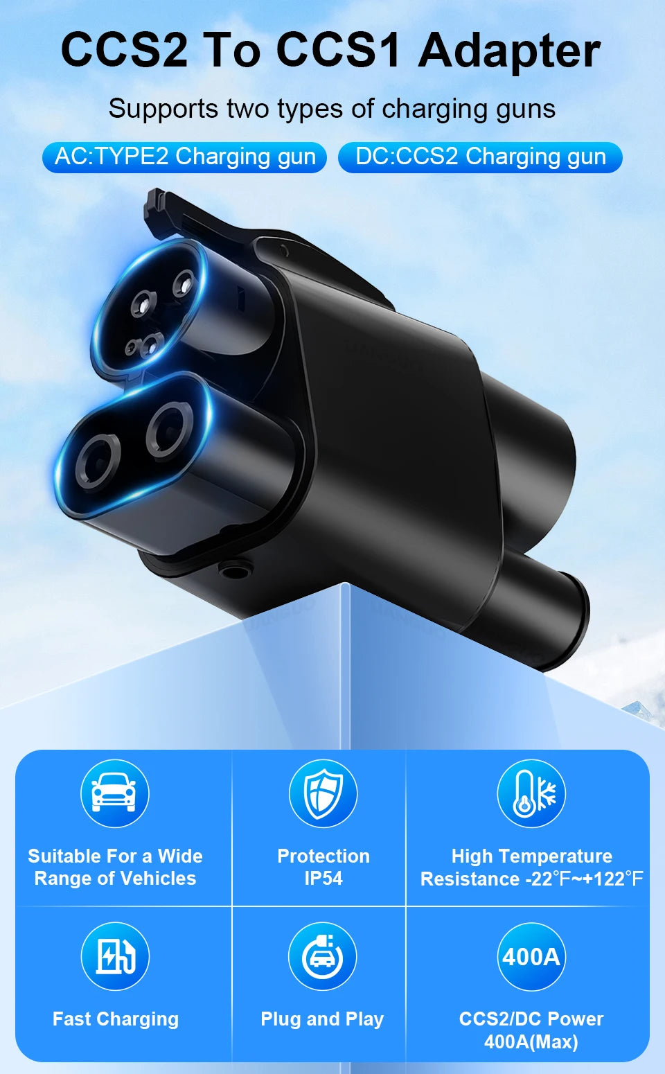 Black CCS2 to CCS1 adapter supporting AC and DC charging guns for electric vehicles
