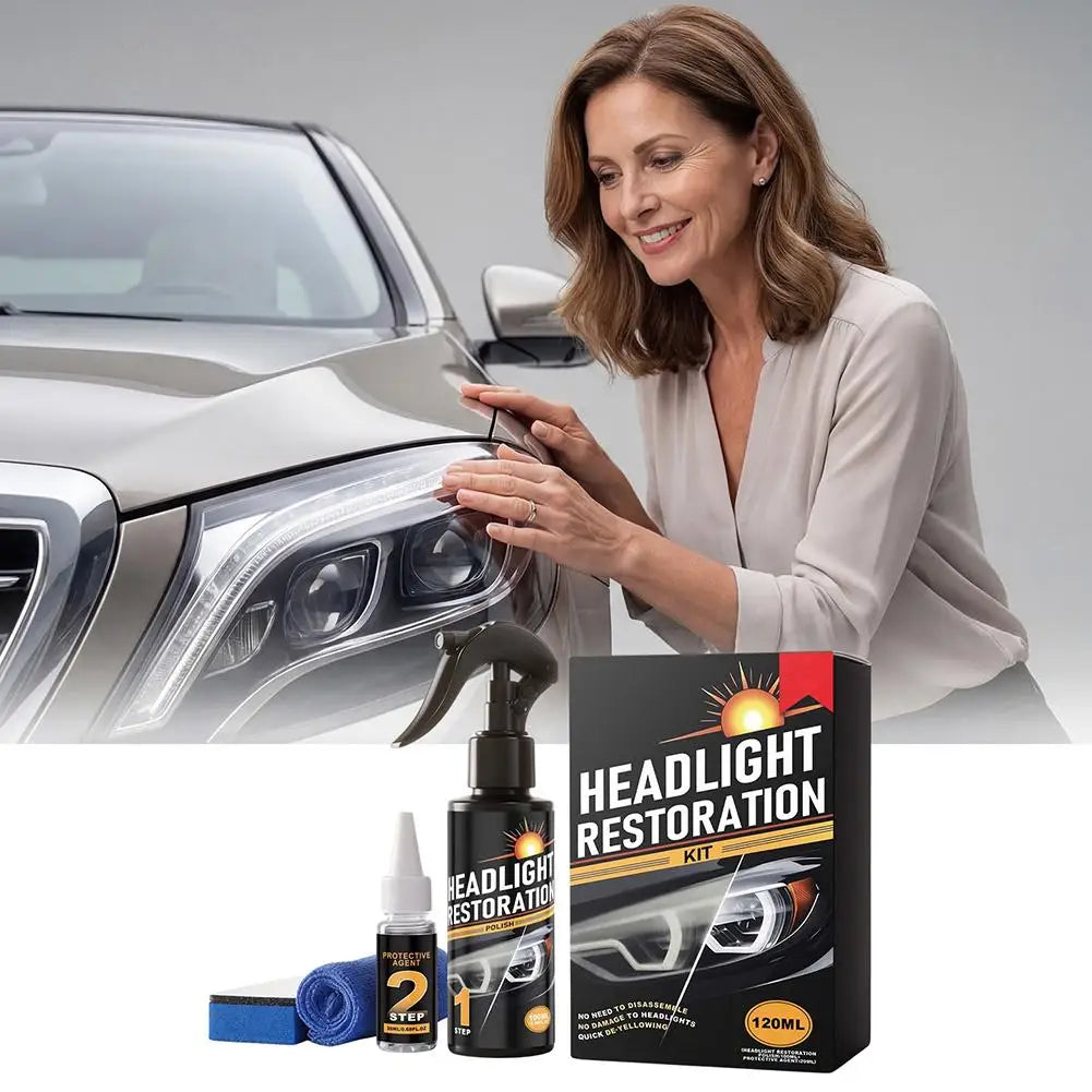 A woman is applying a headlight restoration kit to a car's headlight, with the product box visible below.