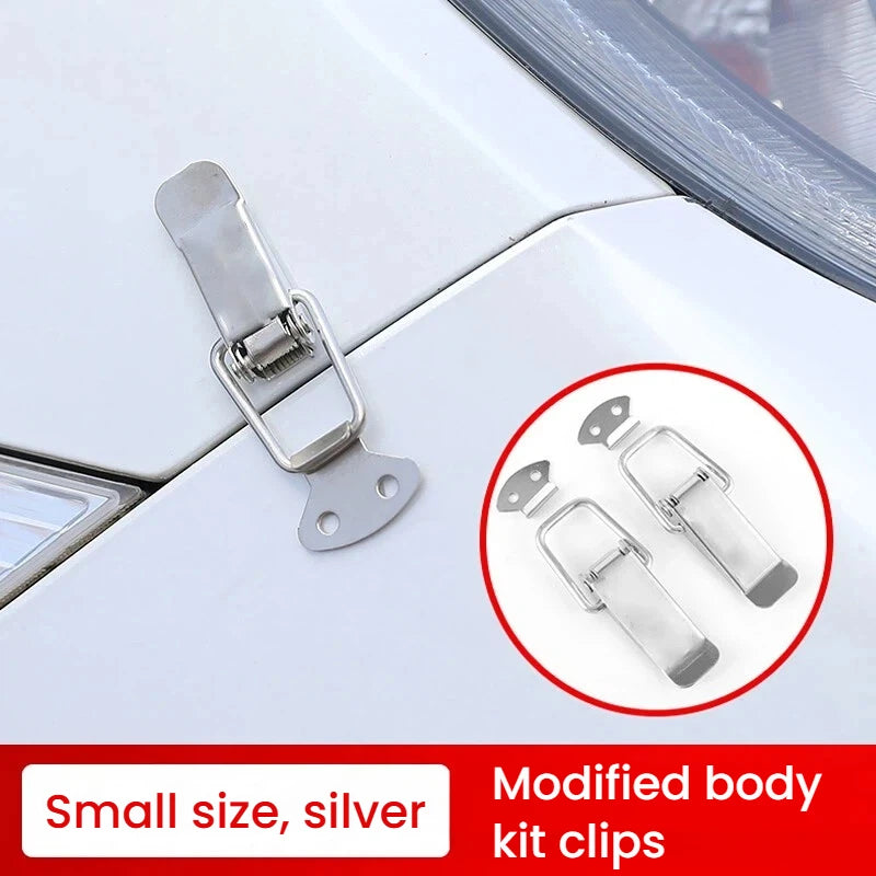 Silver modified body kit clips for car hood and bonnet latches