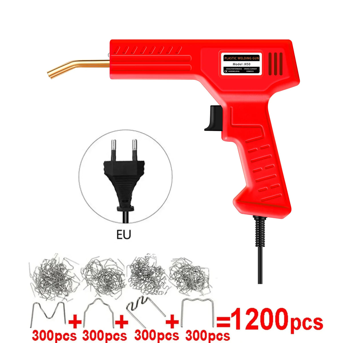 A red plastic welding gun tool with a nozzle and power cord, shown next to various wire components.