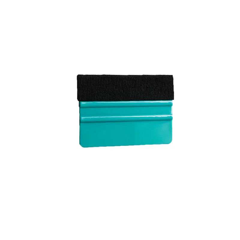 A black felt squeegee tool with a teal plastic handle for removing vinyl decals and film.