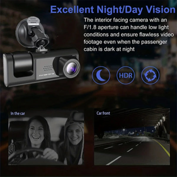 A black interior camera for a car dash cam with night vision features including a moon icon, HDR, and a loop recording symbol