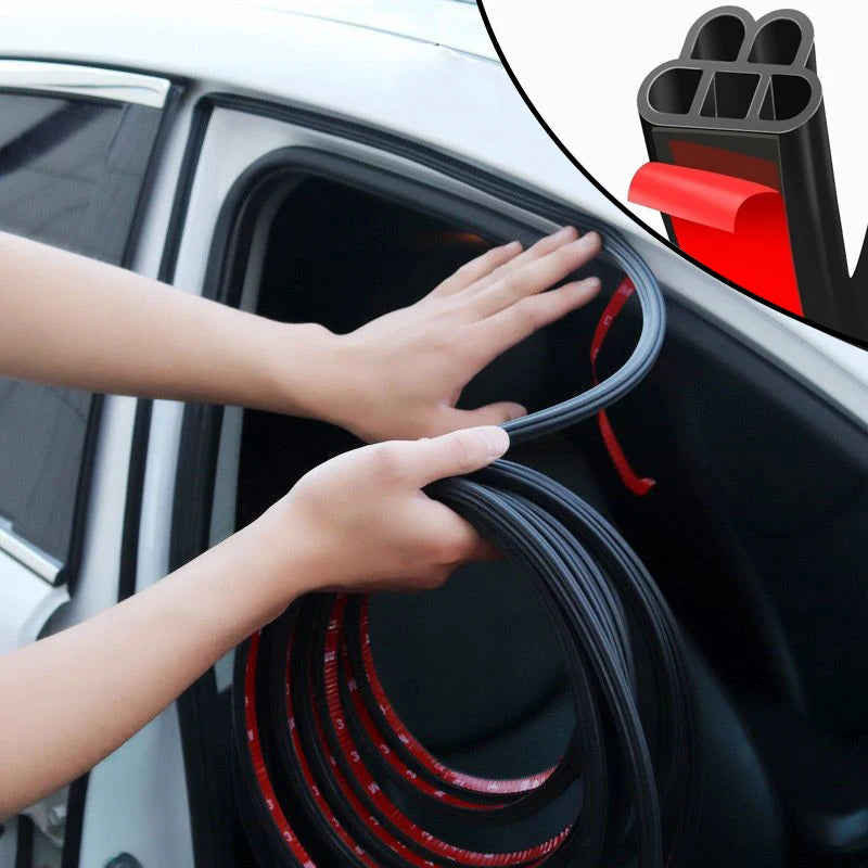 Hands are installing black and red car door soundproofing seals into the vehicle door frame.