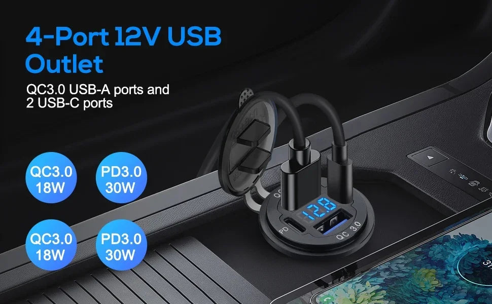 A close-up of a multi-port 12V USB outlet featuring QC3.0 and PD ports connected to a device.