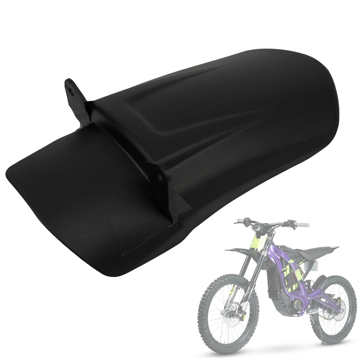 Black carbon fiber rear mudguard for a Sur-Ron Light Bee S X electric dirt bike.