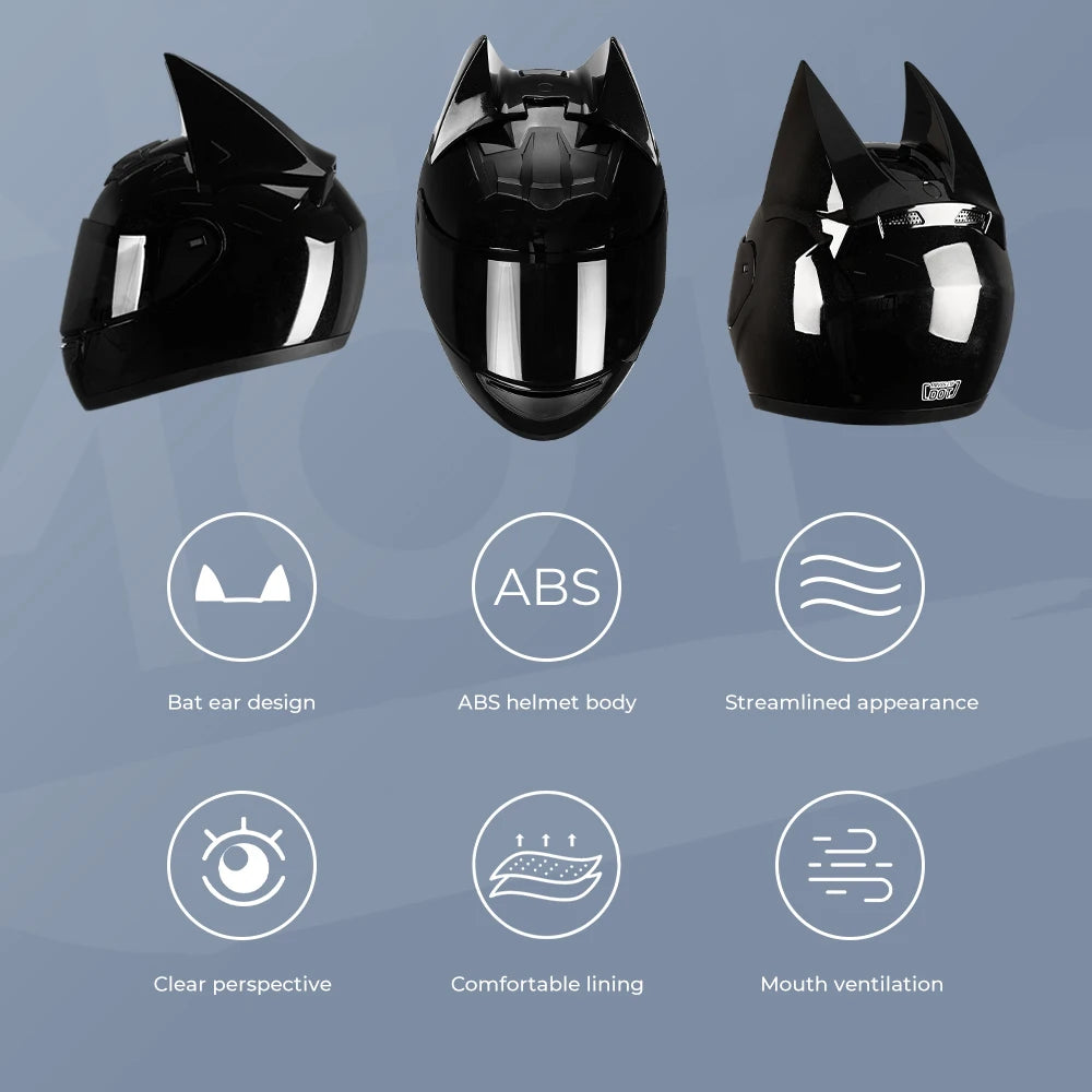Black full face motorcycle helmet featuring bat ear design, ABS body, streamlined appearance, clear perspective, comfortable 