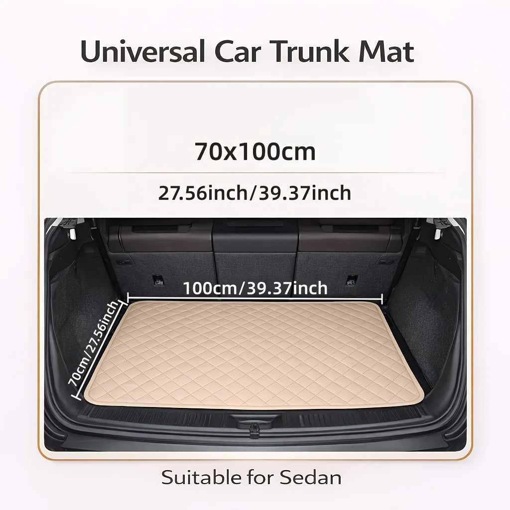 A beige rhombus pattern car trunk mat shown inside a sedan trunk.