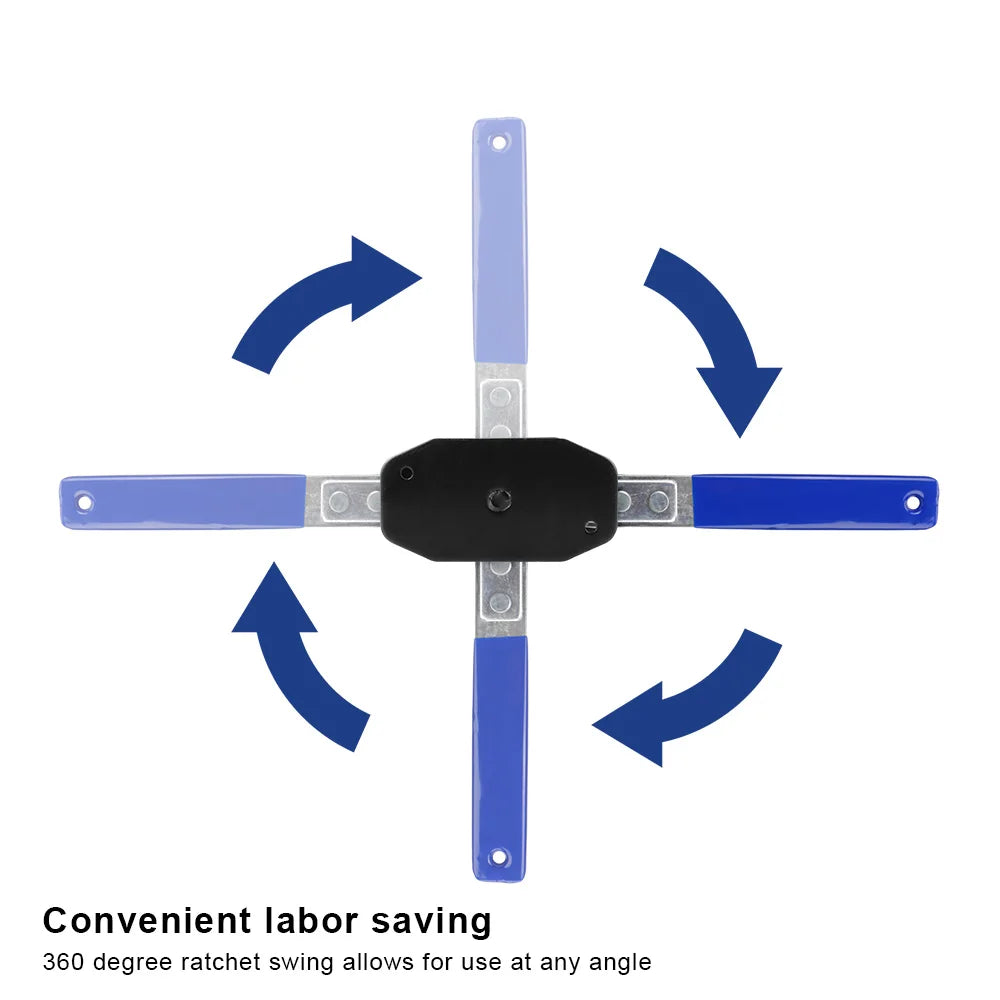 A professional brake caliper spreader tool with a black handle and blue/purple arms, shown in various swinging angles.