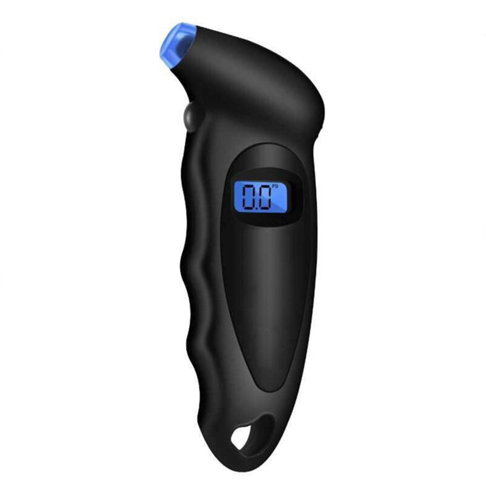 A black high-precision digital tire pressure gauge with a blue tip and a display showing 0.0 PSI.
