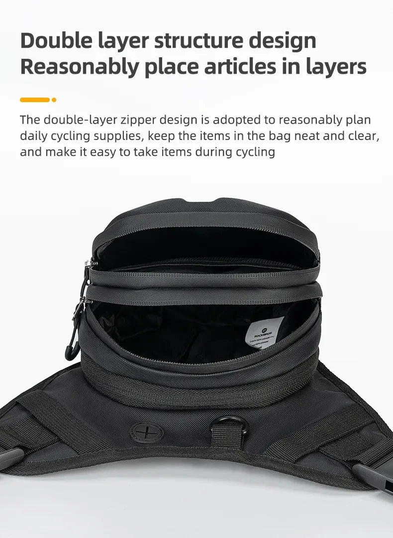 Black waterproof motorcycle fanny pack with a double-layer zippered design shown from the top.