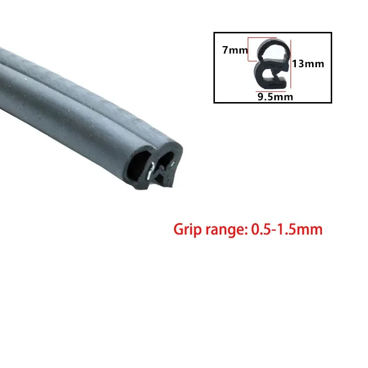 A close-up view of a black U-shaped door edge seal strip with dimensions labeled.