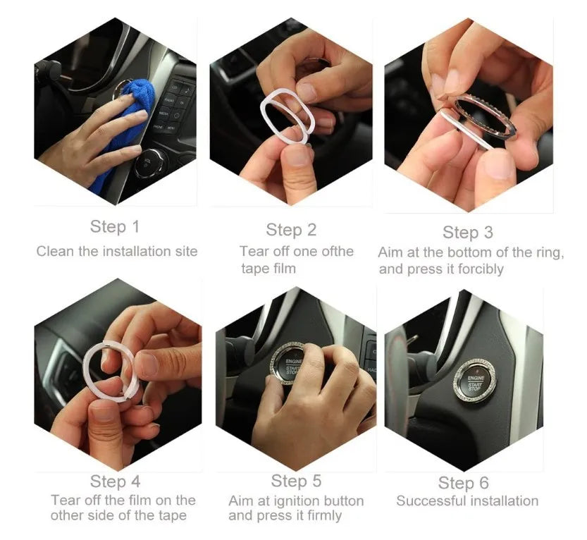 Six steps showing the installation of a decorative rhinestone bow bell car start switch button trim