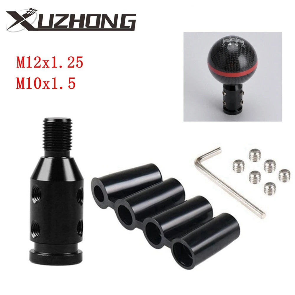 Black universal gear shift knob adapter featuring various thread sizes and a cylindrical adapter body.