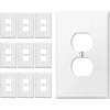 A set of white durable electrical light switch cover plates, including rectangular and round designs.