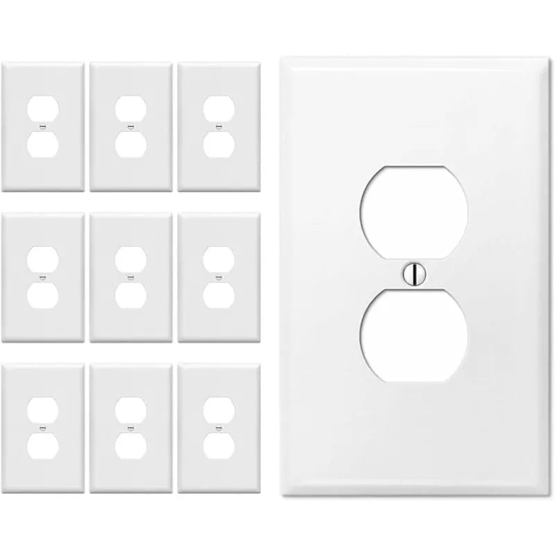 A set of white durable electrical light switch cover plates, including rectangular and round designs.
