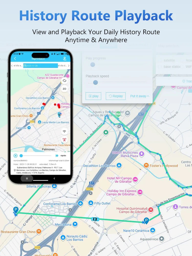 A smartphone screen showing a history route playback feature on a map, displaying a route through a city.