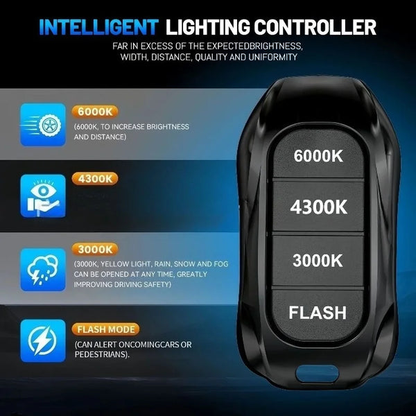 A black intelligent lighting controller device with multiple brightness settings and a flash mode.