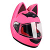 A bright pink cat-ear full face motorcycle helmet with a clear visor and black accents.