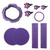 Purple car interior accessory set including a steering wheel cover and comfort pads
