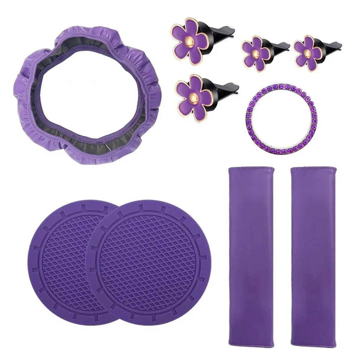 Purple car interior accessory set including a steering wheel cover and comfort pads