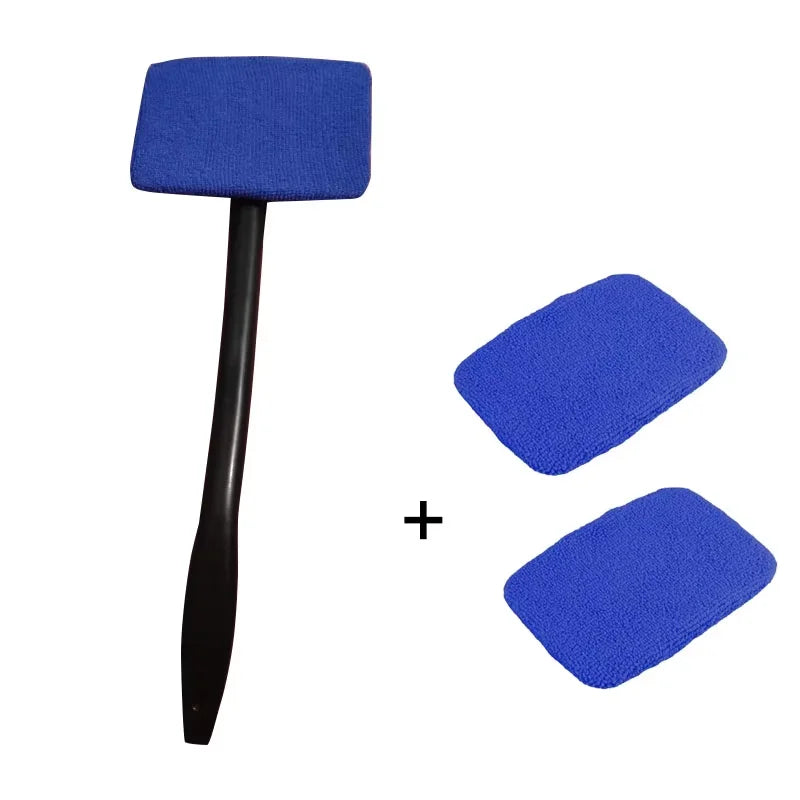 A blue long-handle car window cleaning brush with a black handle and a matching blue cleaning pad.