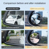 Comparison showing before and after installation of a small round mirror vision in a car's rearview mirror.