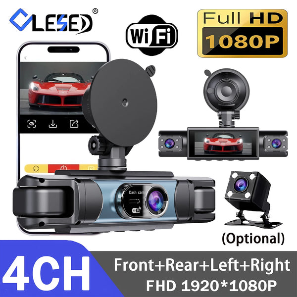 A 4-channel Full HD car dash cam with front and rear cameras, featuring night vision capabilities.