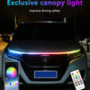 An RGB LED canopy light strip installed on the hood of a dark car, demonstrating improved driving safety.