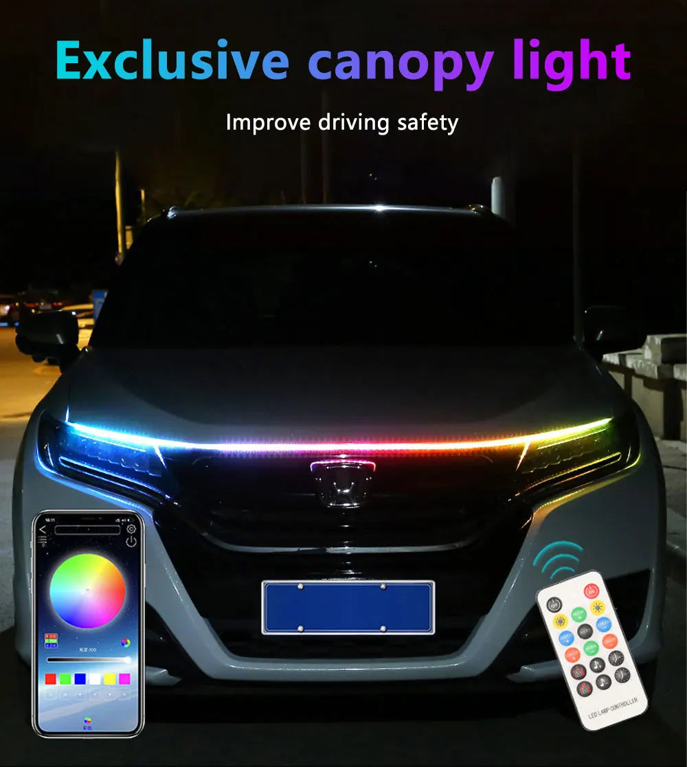 An RGB LED canopy light strip installed on the hood of a dark car, demonstrating improved driving safety.