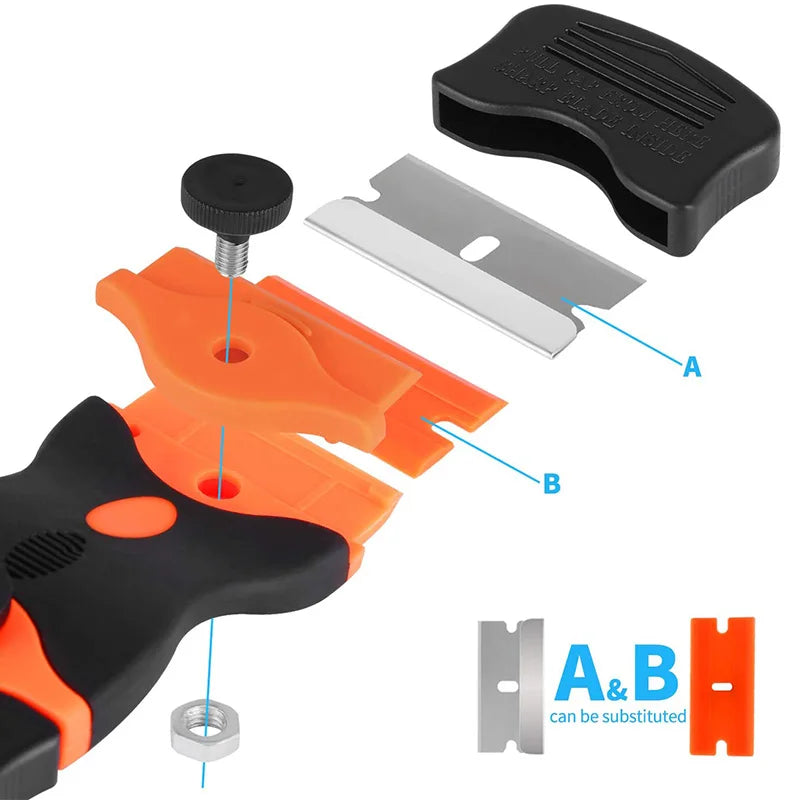 A set of tools for professional car window film installation, including a black tool, an orange piece, and replacement parts.