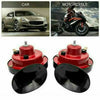 A set of red electric snail horns with black reflectors and a silver mounting post.
