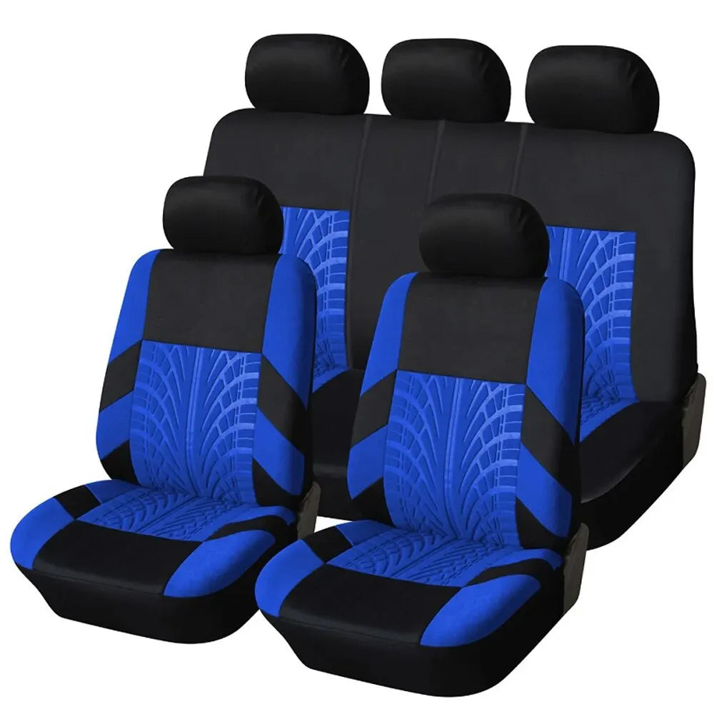 Black and blue universal car seat covers for front and rear bench seats.