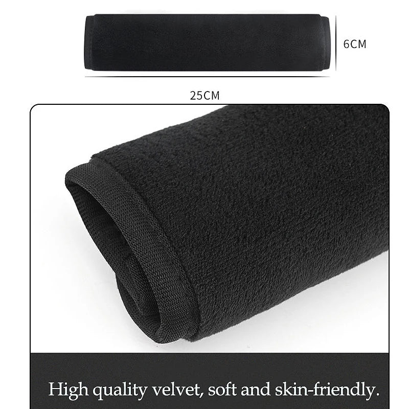 Black velvet seat belt covers measuring 25cm long with a 6cm width, described as soft and skin-friendly.