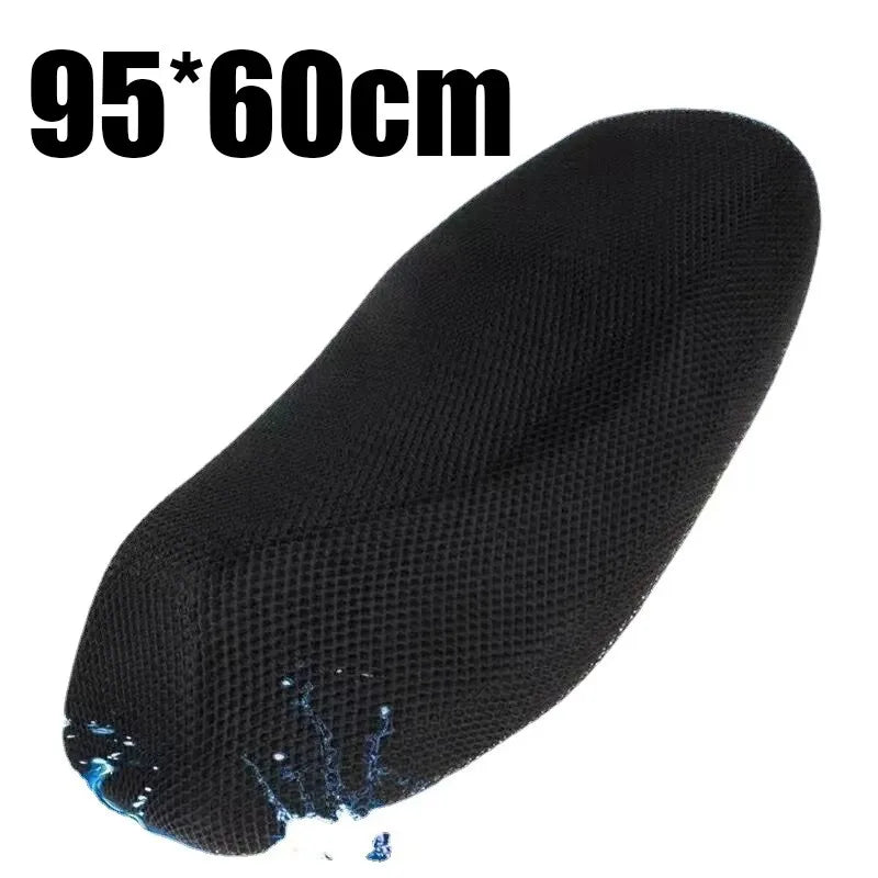 Black 3D mesh motorcycle seat covers shown from above with dimensions 95x60cm