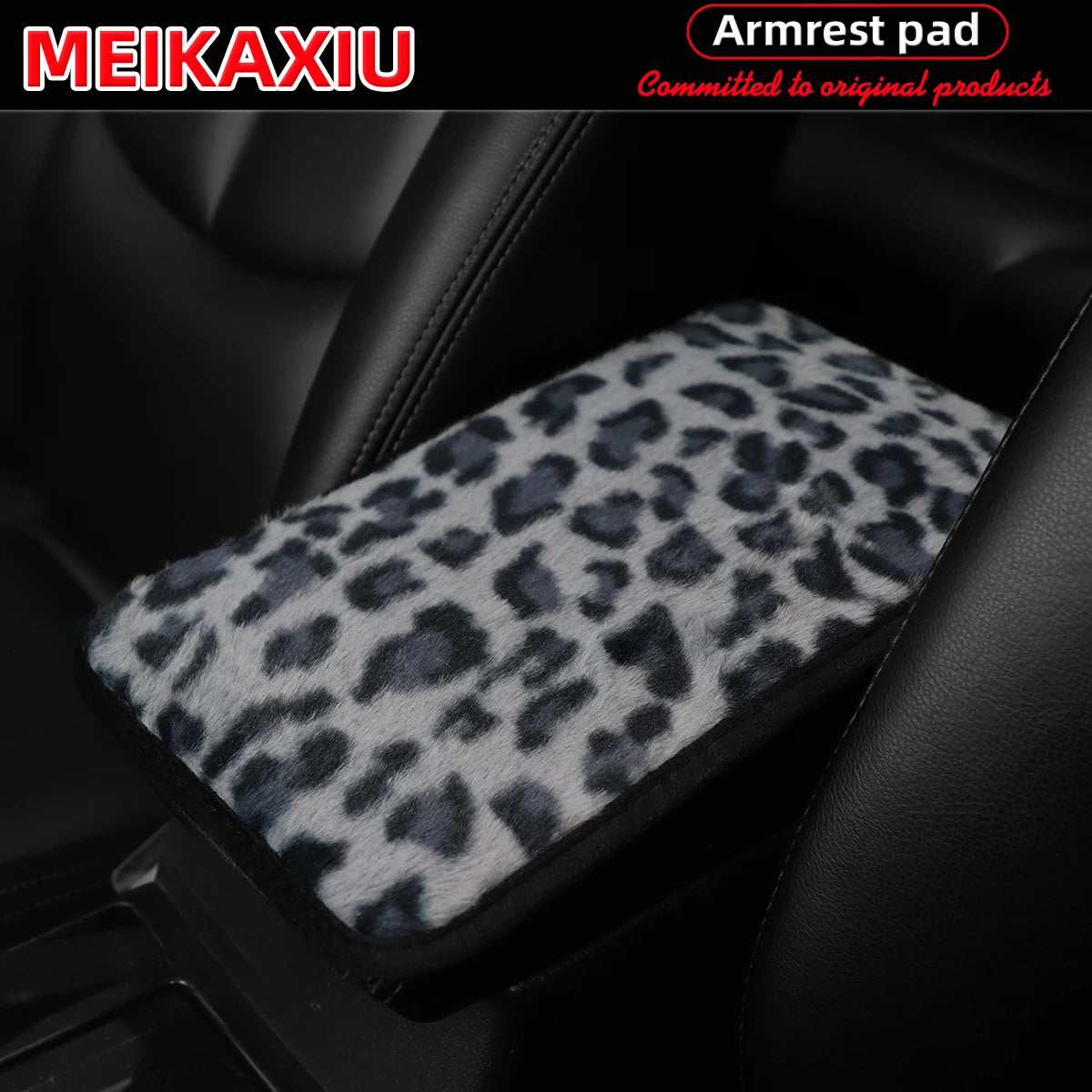 Leopard print plush armrest pad cover placed on a black car seat.
