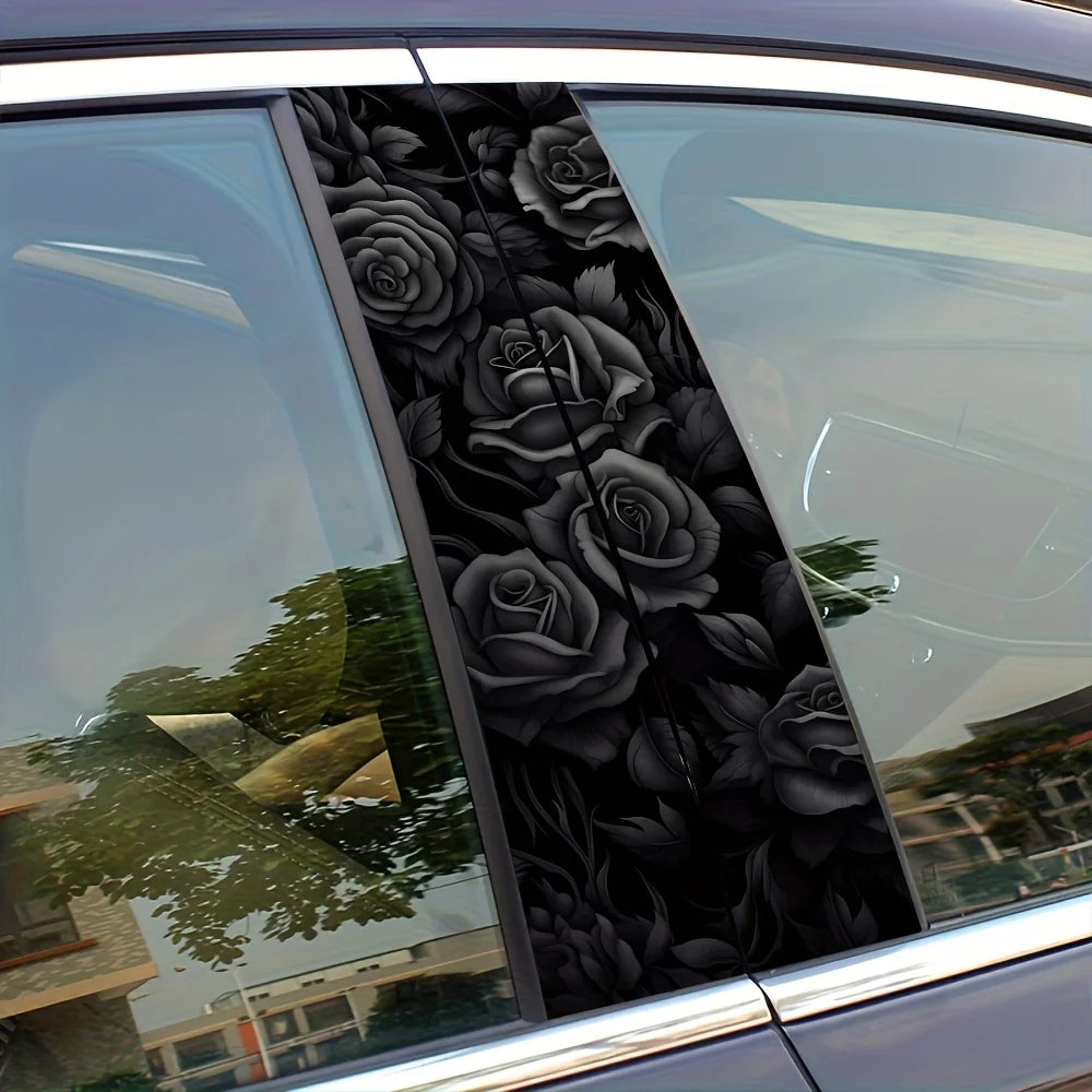 Black rose car B-pillar decal set applied to a vehicle window.