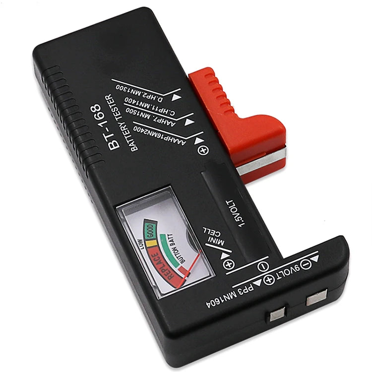 Black battery tester device showing a color-coded indicator for battery level.