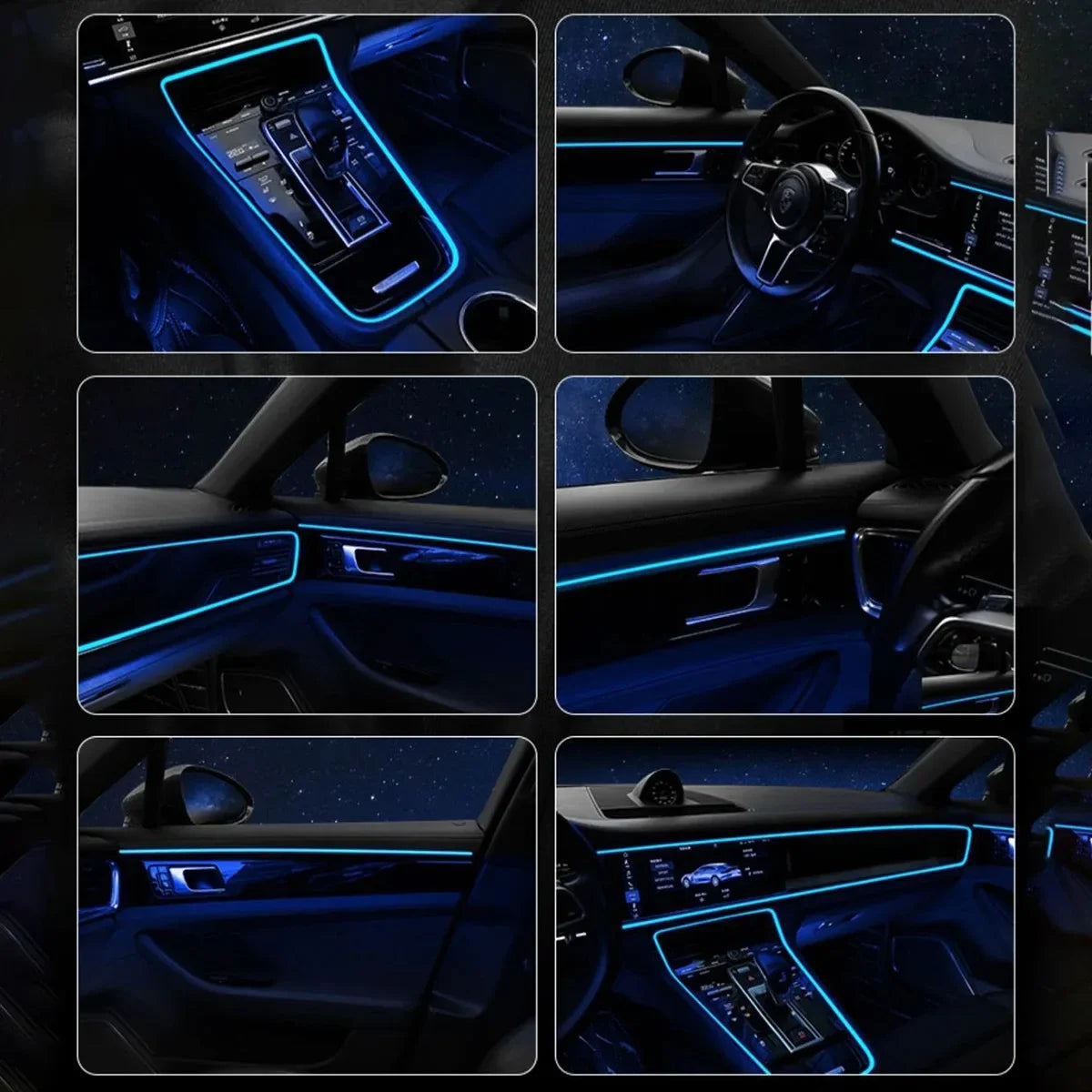 Close-up shots of a flexible USB LED light strip installed in the interior of a car, illuminating various dashboard and door 