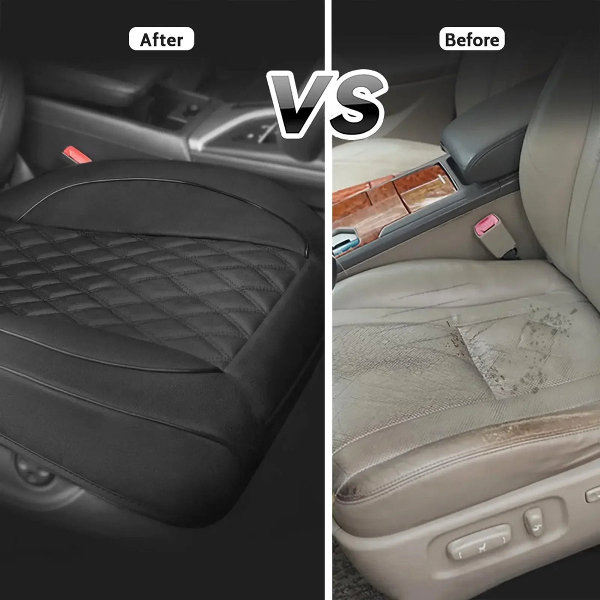 Comparison showing a before and after view of a PU leather car seat cover installation on a driver's seat.