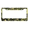 A rectangular license plate cover with a camouflage pattern featuring green and brown tones.