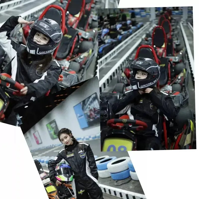 A woman wearing a black universal motorcycle helmet is shown in various angles and contexts.