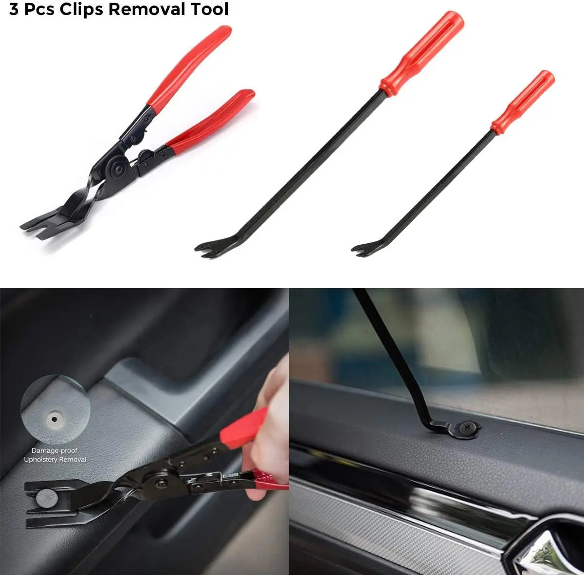 Un jeu de trois outils de retrait rouges et noirs pour l'installation de garnitures automobiles