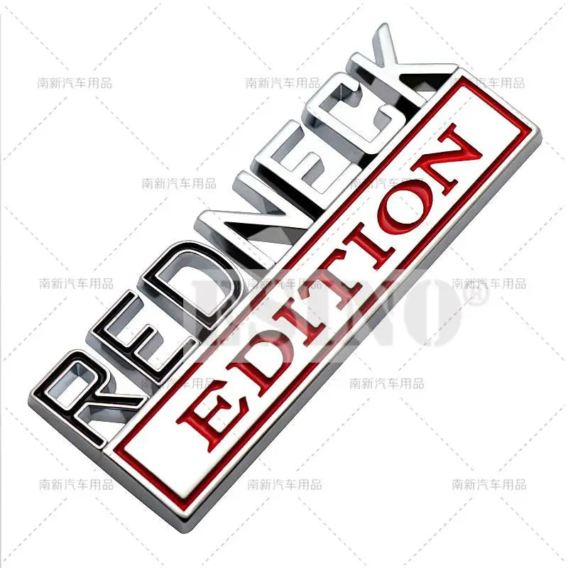 A 3D chrome car emblem decal with the word REDNECK EDITION in red and silver lettering.