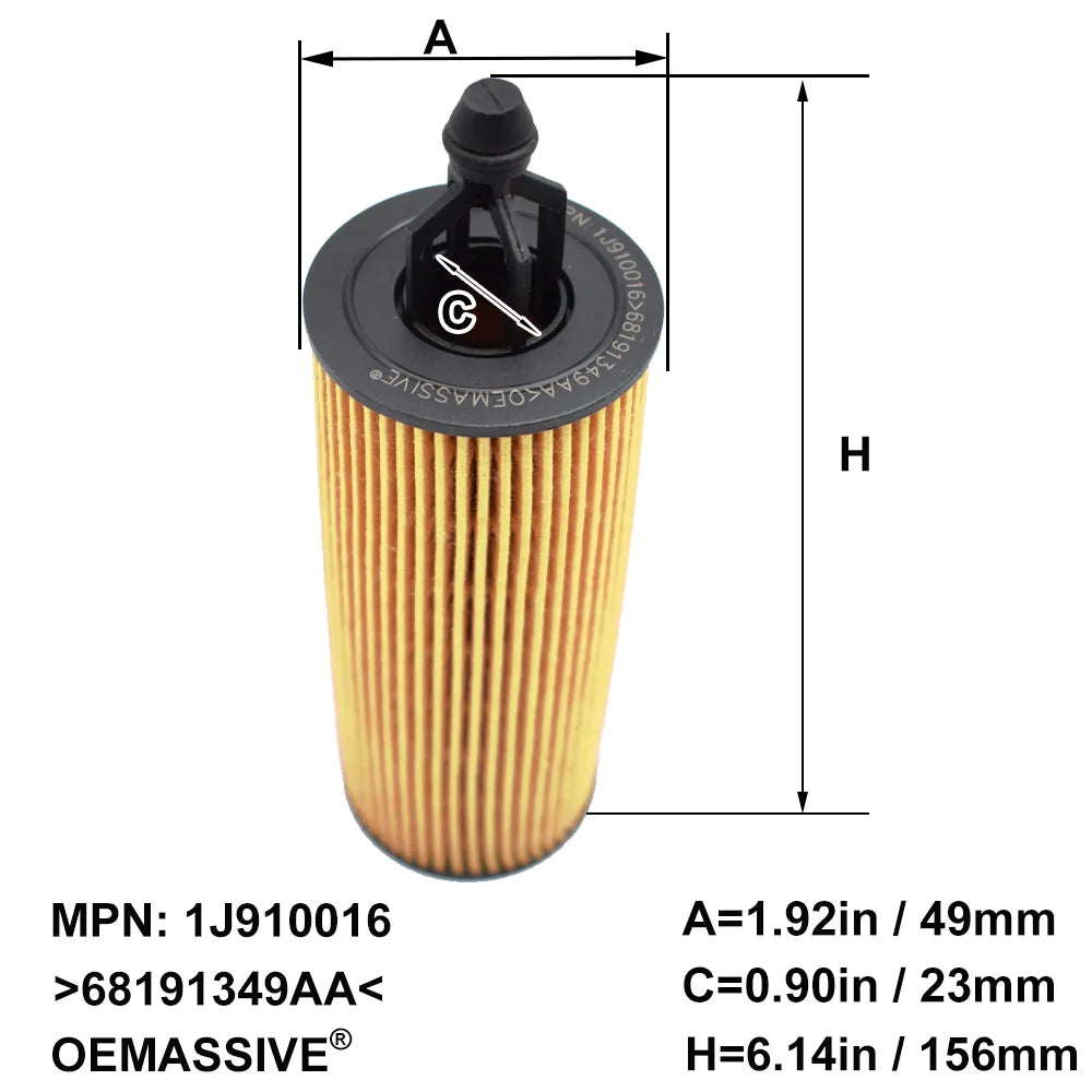 Oil filter with dimensions A 1.92in, C 0.90in, and H 6.14in, featuring a black cap.