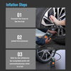 Three steps for using a portable car emergency air pump to connect, preset pressure, and wait for inflation.