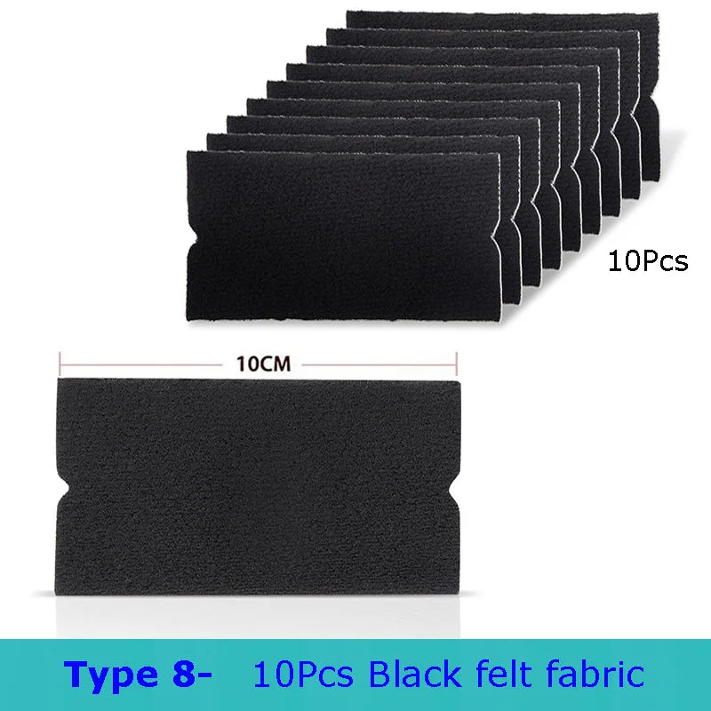 A stack of ten black felt fabric pieces used for vinyl wrapping tools.
