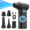 A black high-RPM brushless air blower with an LED light is shown, featuring multiple nozzle attachments and a blue light beam