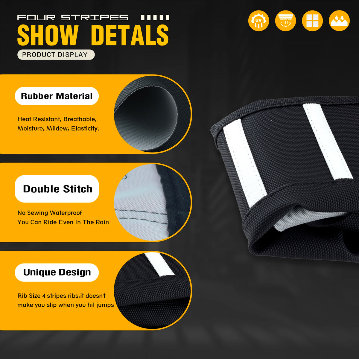 Close-up display of a black and white waterproof gripper seat cover for a motorcycle, highlighting material details.